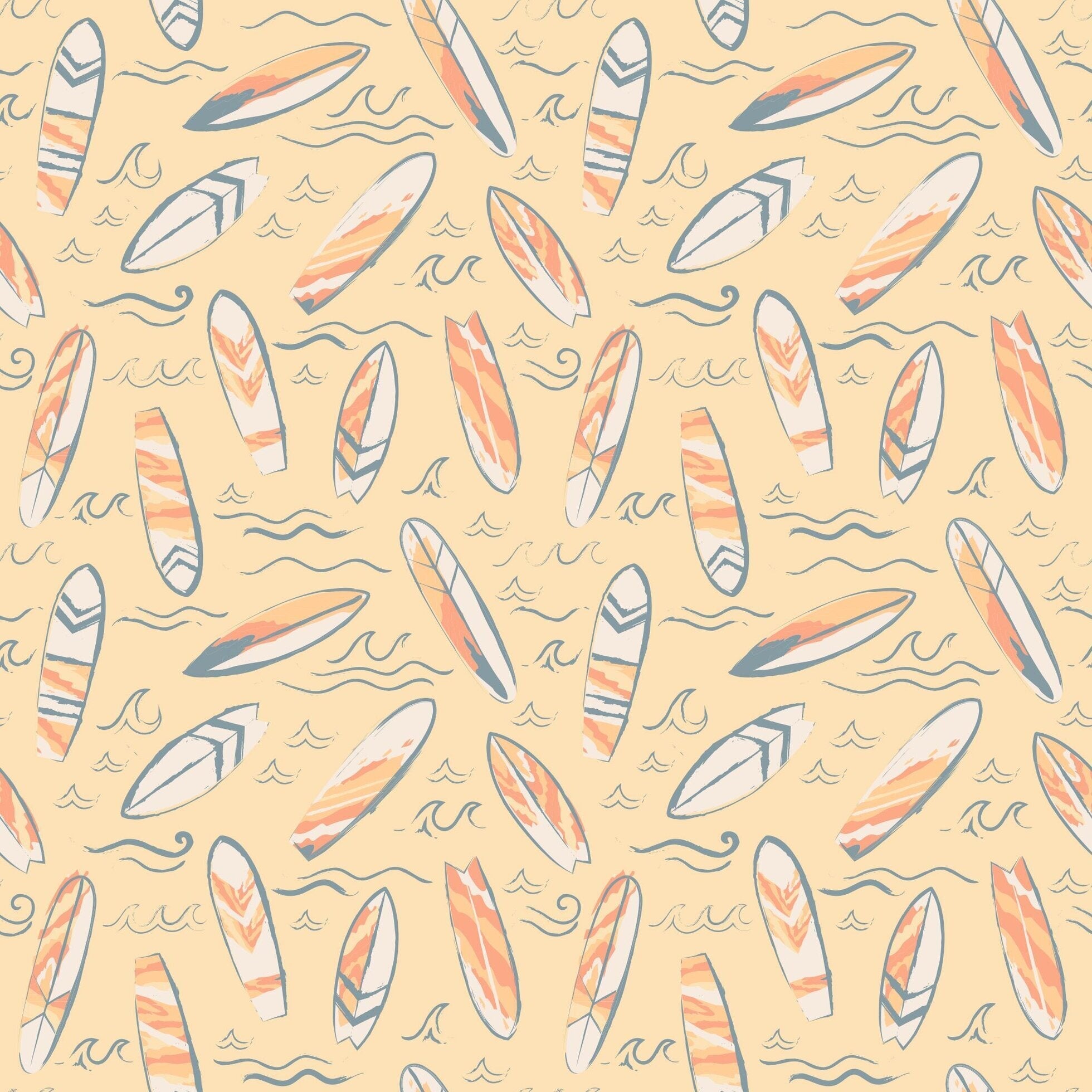 Yellow surfboard waves fabric pattern with surfboards and wave icons