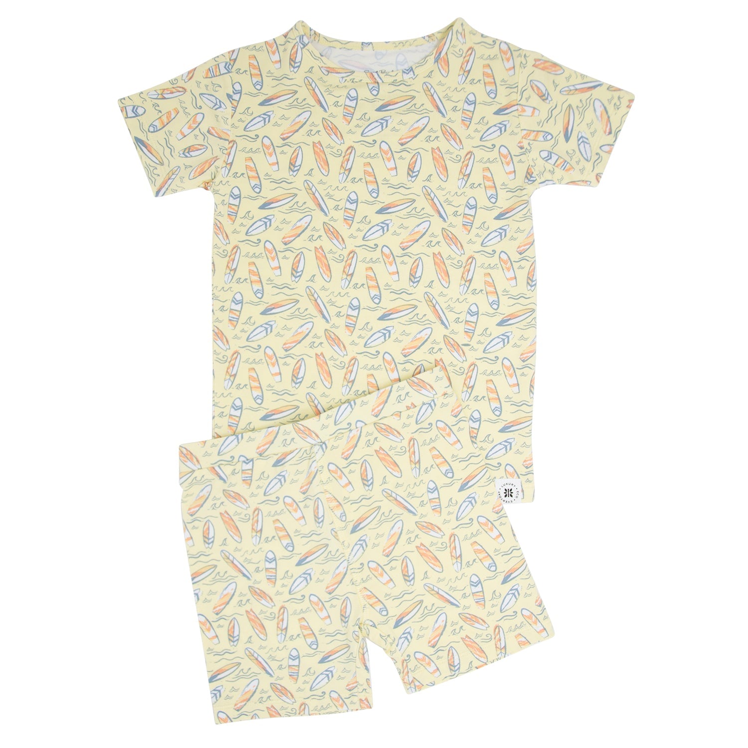 Boys yellow surfboard waves pajama set with short-sleeve T-shirt and shorts, all-over print