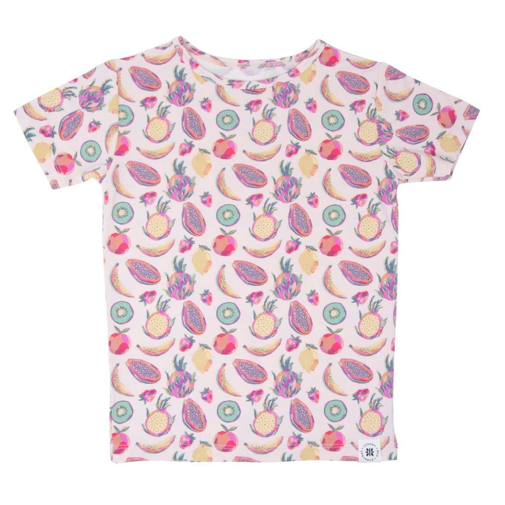 Girls’ tropical fruit short-sleeve pajama top with all-over colorful print