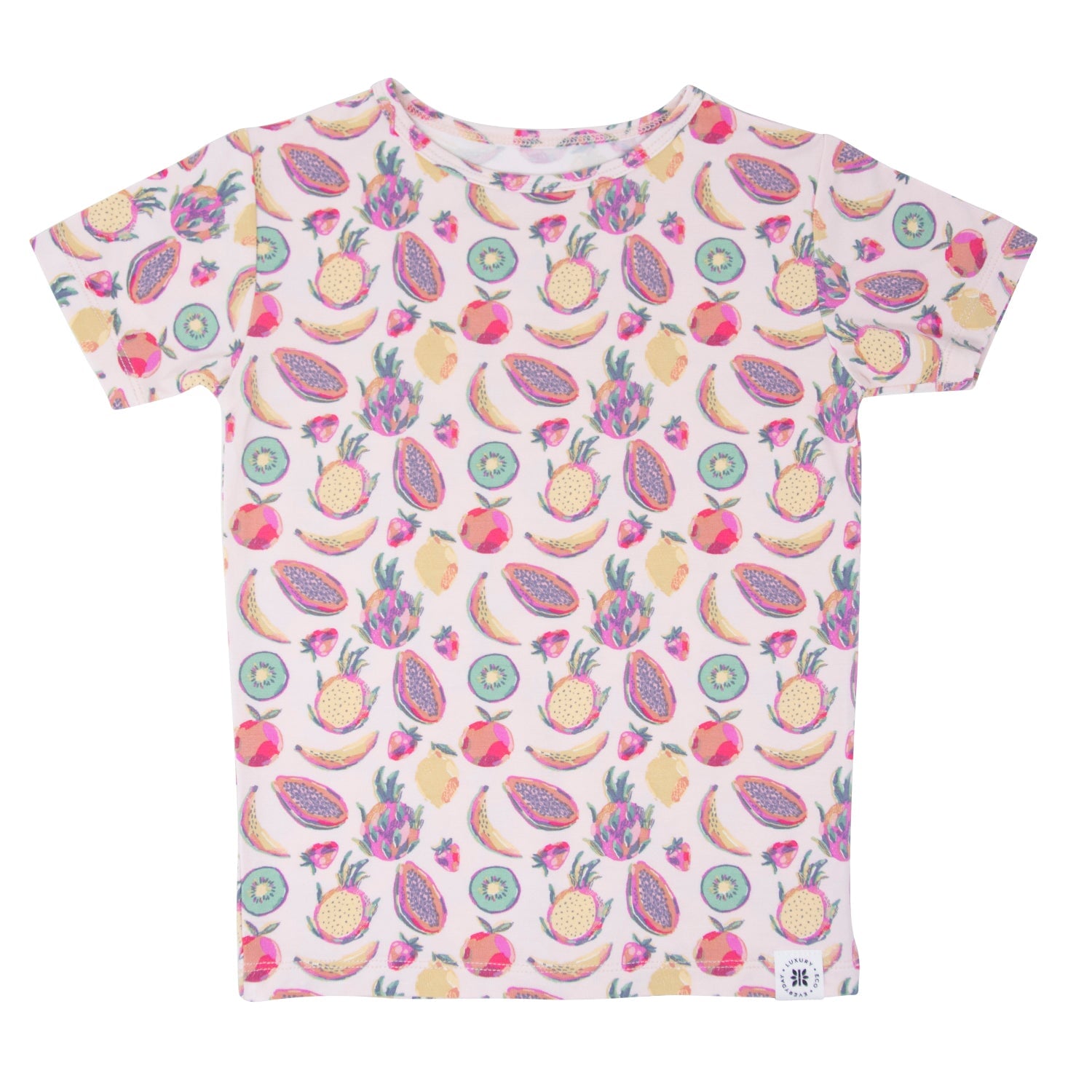 Girls’ tropical fruit short-sleeve pajama top with all-over colorful print