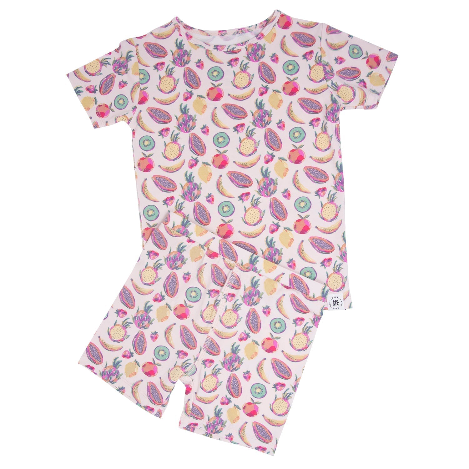 Girls’ tropical fruit pajama set with short-sleeve top and matching shorts