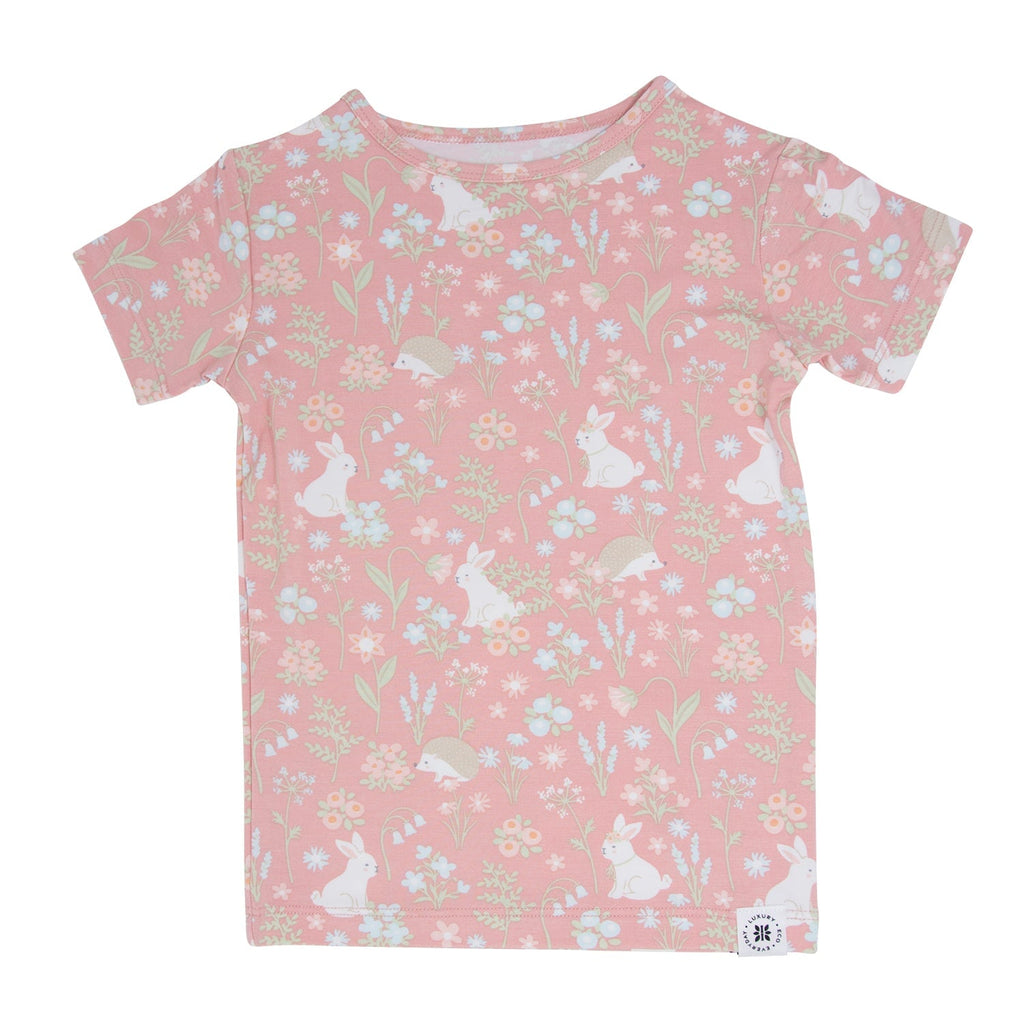 Girls' pink floral bunny short-sleeve pajama top