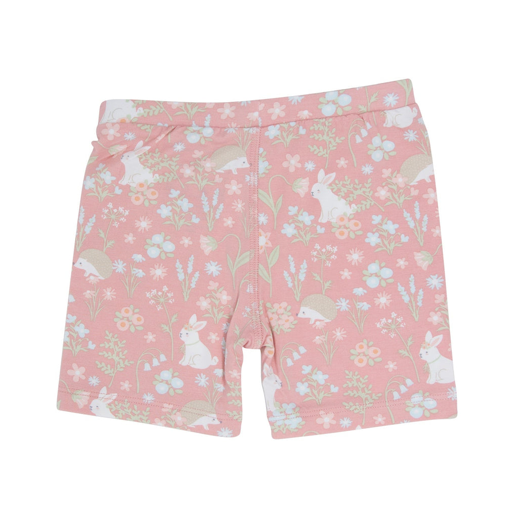 Girls' pink floral bunny pajama shorts with elastic waistband