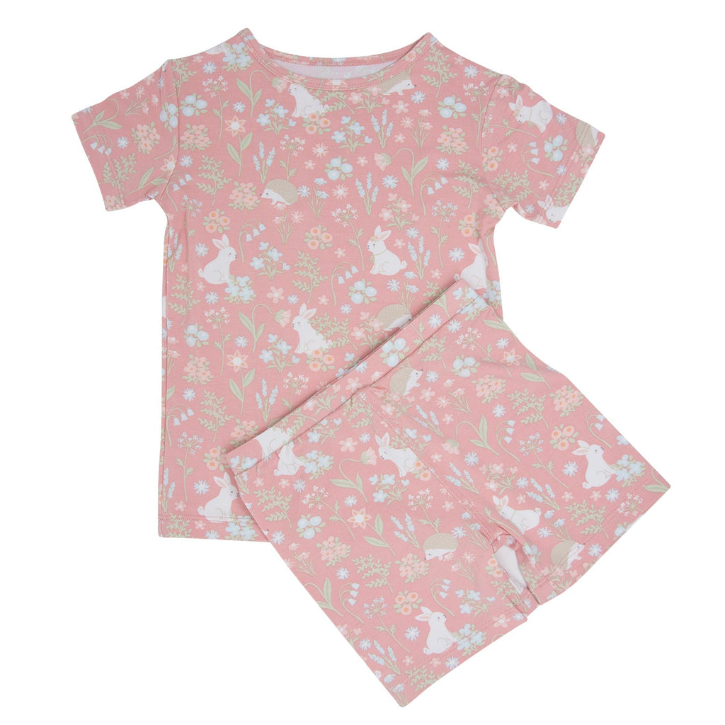 Girls' pink floral bunny pajama set, short-sleeve tee and shorts