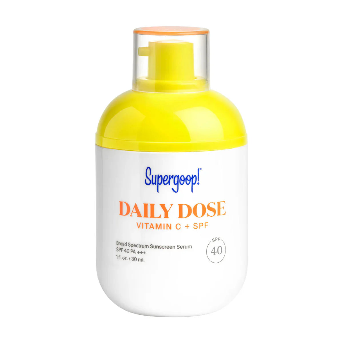 Supergoop! Daily Dose Vitamin C SPF 40 sunscreen bottle, yellow cap.