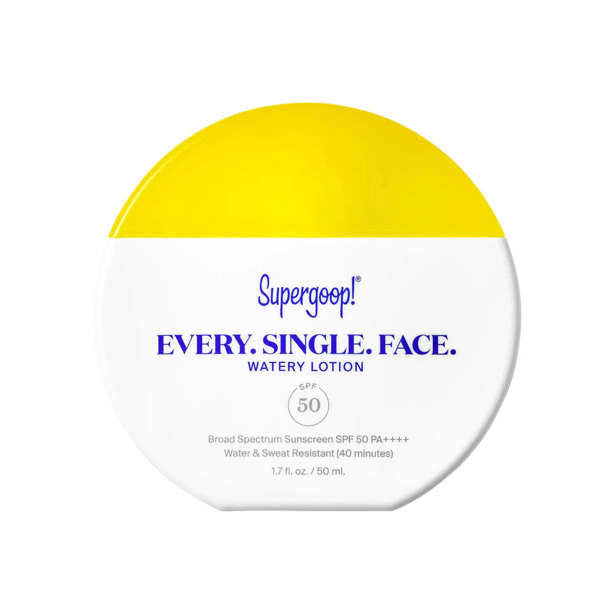 Supergoop! watery face lotion SPF 50 in white jar with yellow lid, 1.7 oz