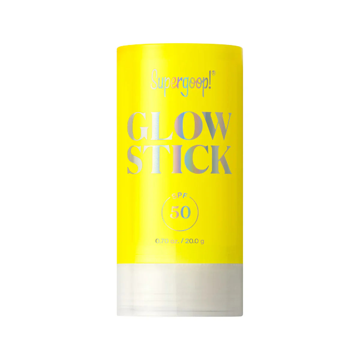 Supergoop! Glow Stick SPF 50 sunscreen in yellow cylinder, Glow Stick text