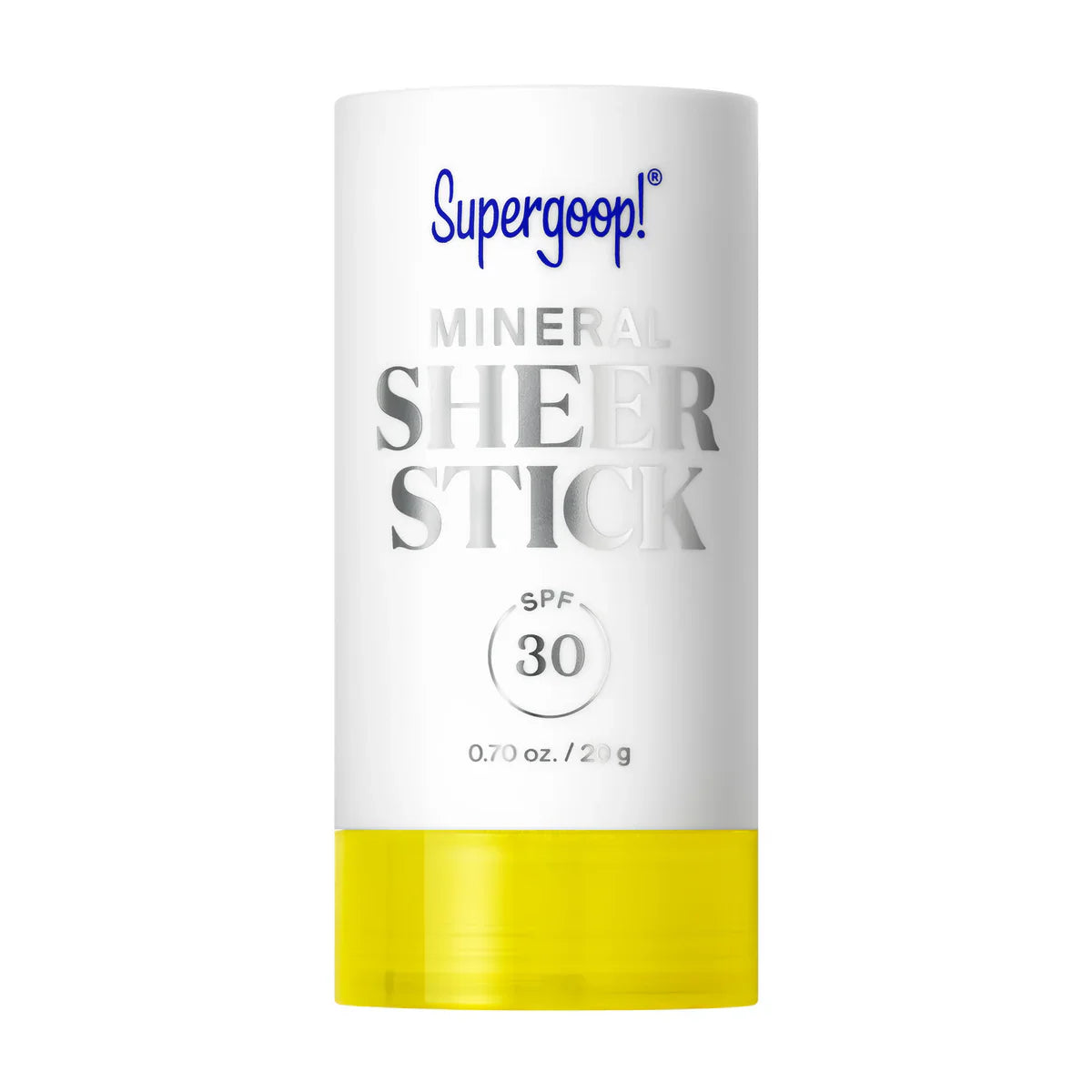Supergoop! Mineral Sheer Stick SPF 30 sunscreen stick, white tube with clear yellow base