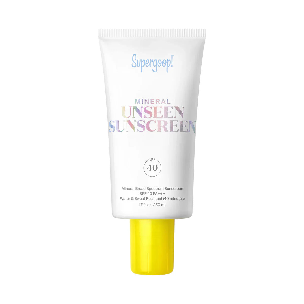 Supergoop! Mineral Unseen Sunscreen SPF 40 tube with white body and yellow cap