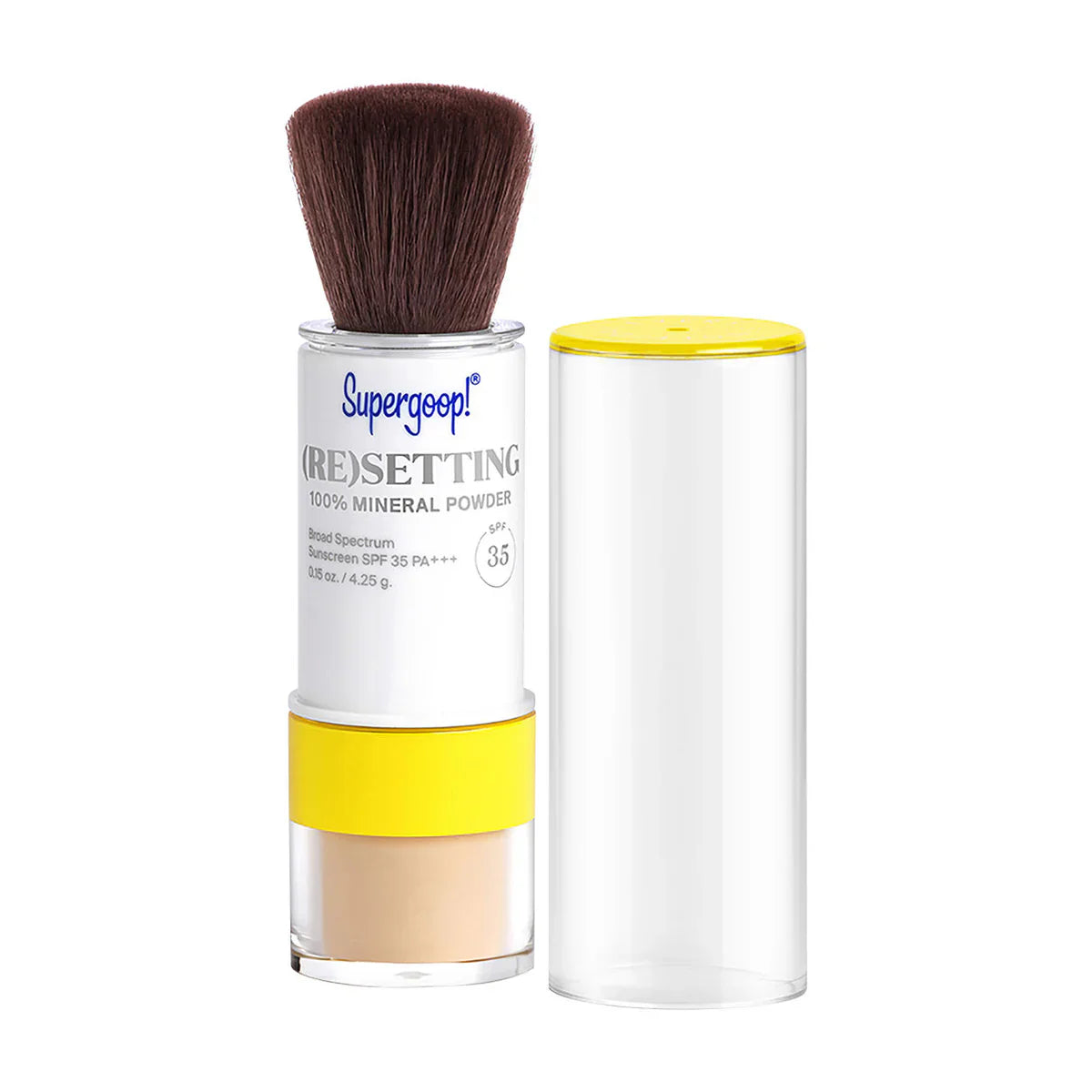 Supergoop! mineral setting powder SPF 35 compact with kabuki brush, beige powder