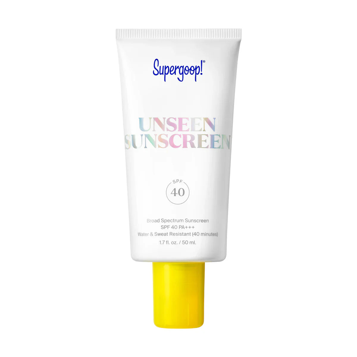 Supergoop! Unseen Sunscreen SPF 40 tube with yellow cap