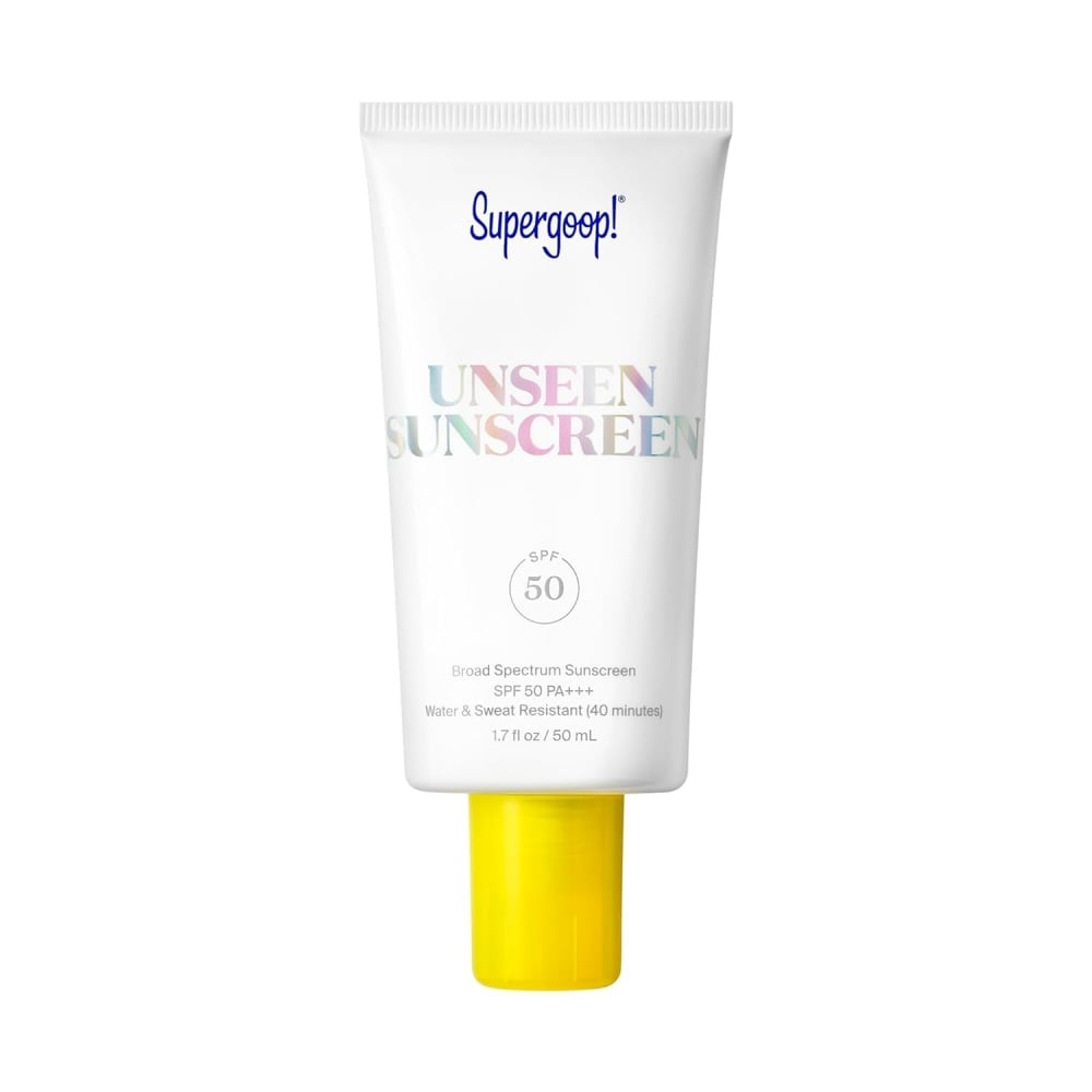 Supergoop! Unseen Sunscreen SPF 50 tube, white cream with yellow cap