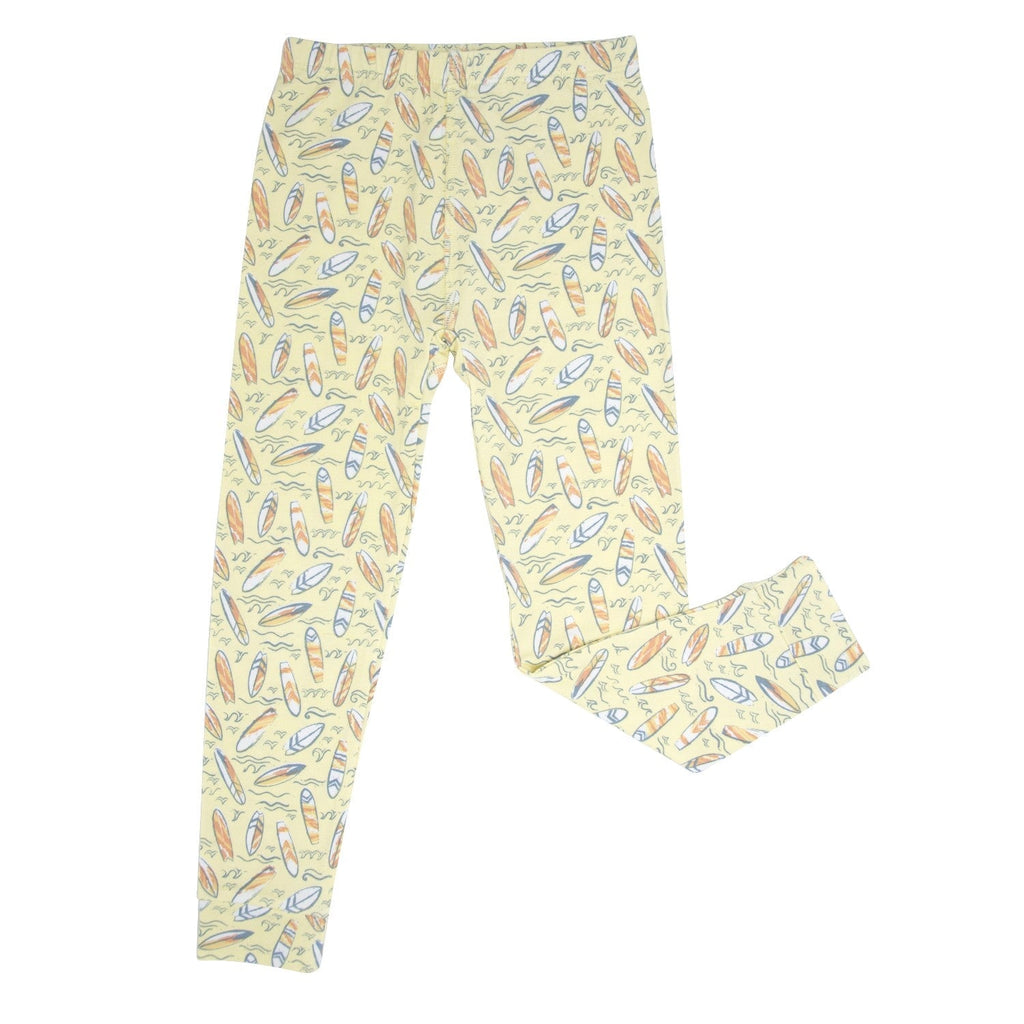 Big kid pajama pants with surfboard print, yellow base and multicolor