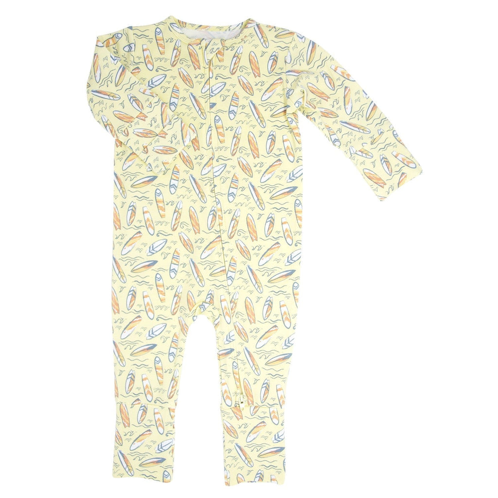Light yellow patterned long-sleeve footed romper with raglan sleeves and crew neckline