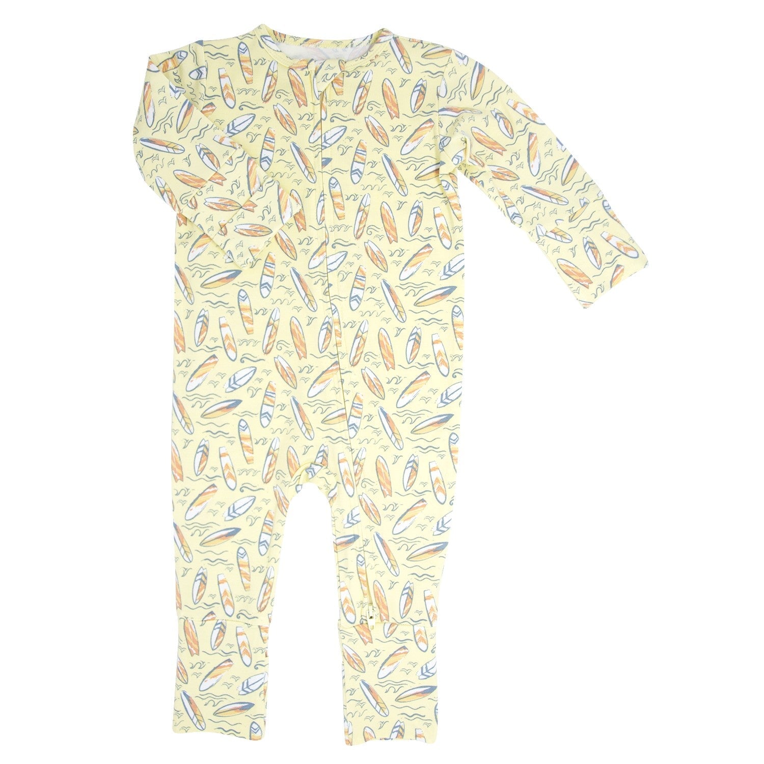 Light yellow patterned long-sleeve footed romper with raglan sleeves and crew neckline