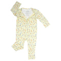 Light yellow patterned long-sleeve footed romper with V-neck opening and snaps