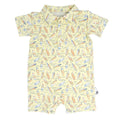 Surfboard waves polo romper, light yellow with colorful surfboard print, short sleeves