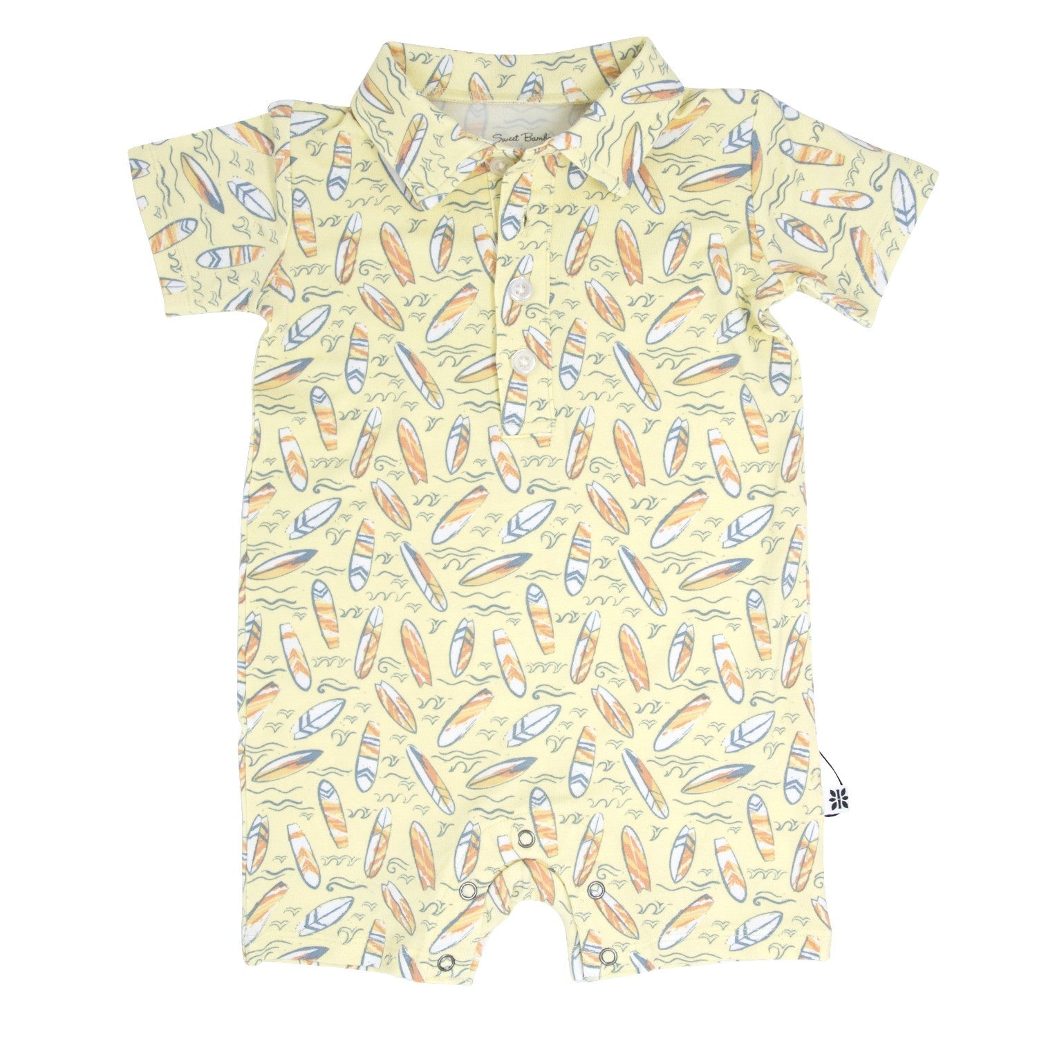 Surfboard waves polo romper, light yellow with colorful surfboard print, short sleeves