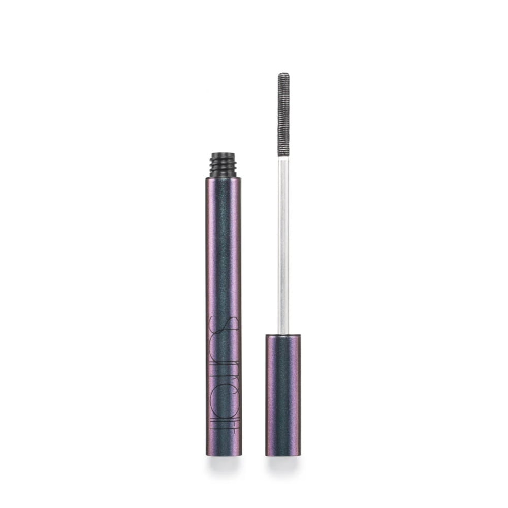 Eyelash tint tube with wand applicator, dark metallic purple body