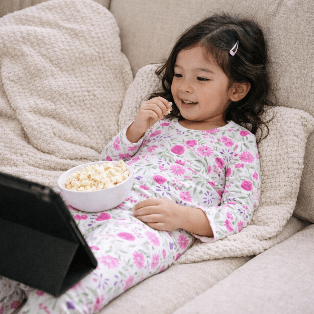 Kids floral pajama set, light base with pink flowers and long pants