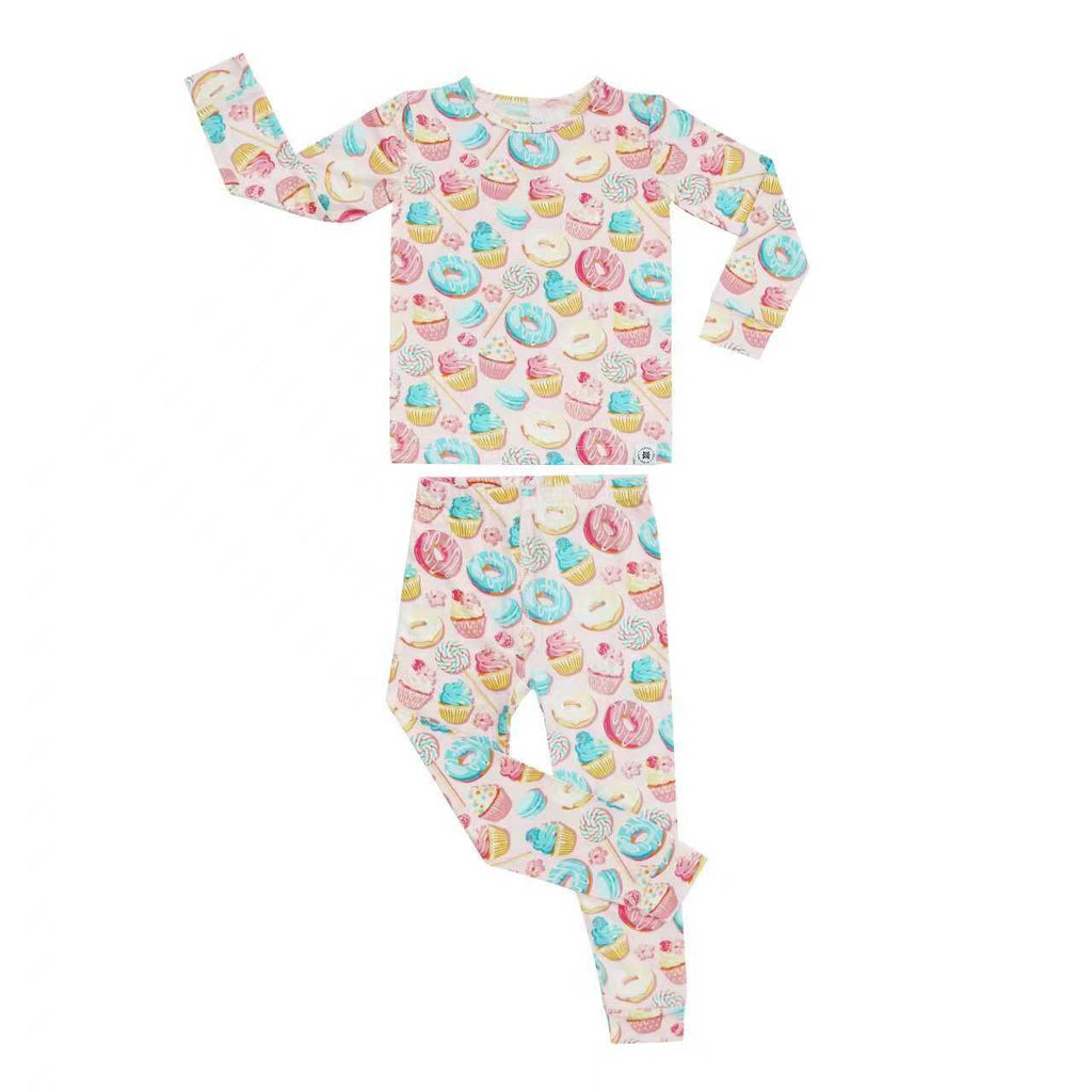 Kids pajama set, long-sleeve top and cuffed pants; pastel dessert print