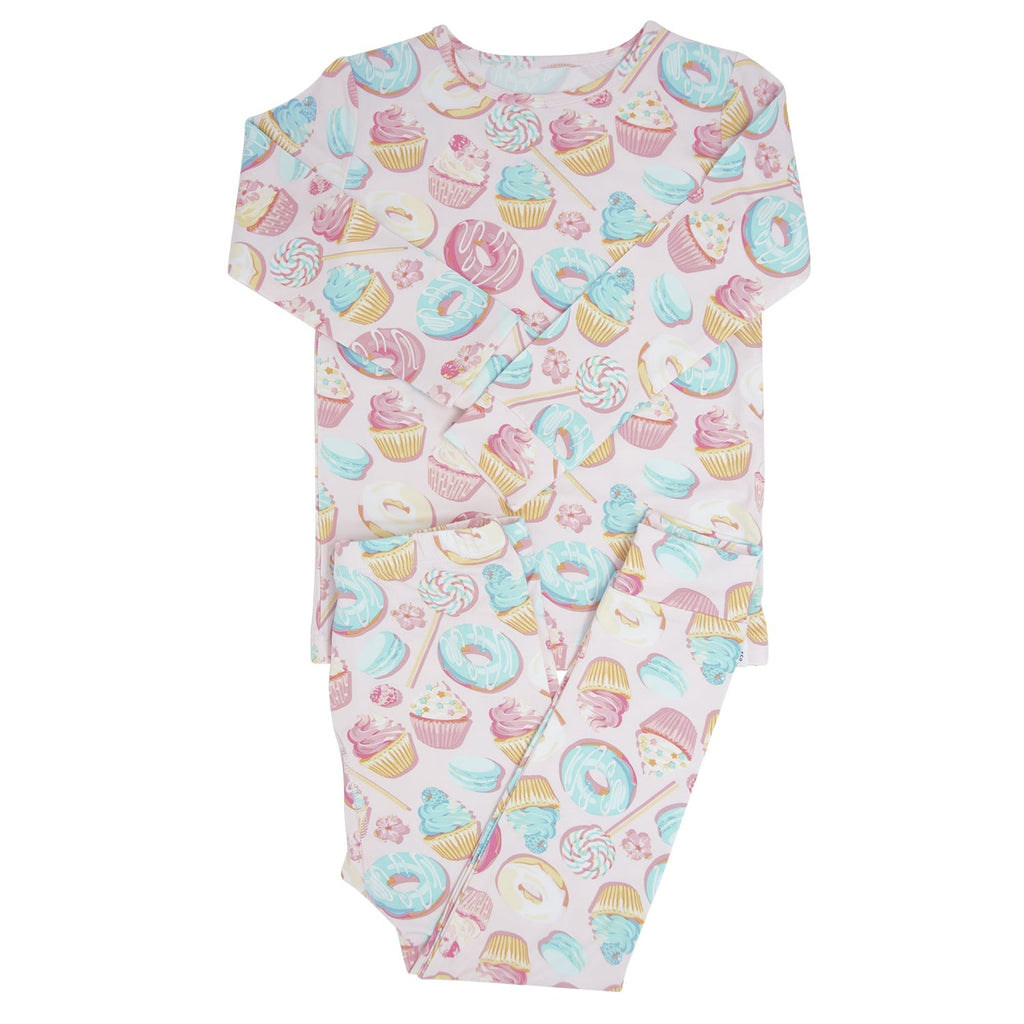 Long-sleeve kids pajama top with pastel ice cream and cupcake pattern