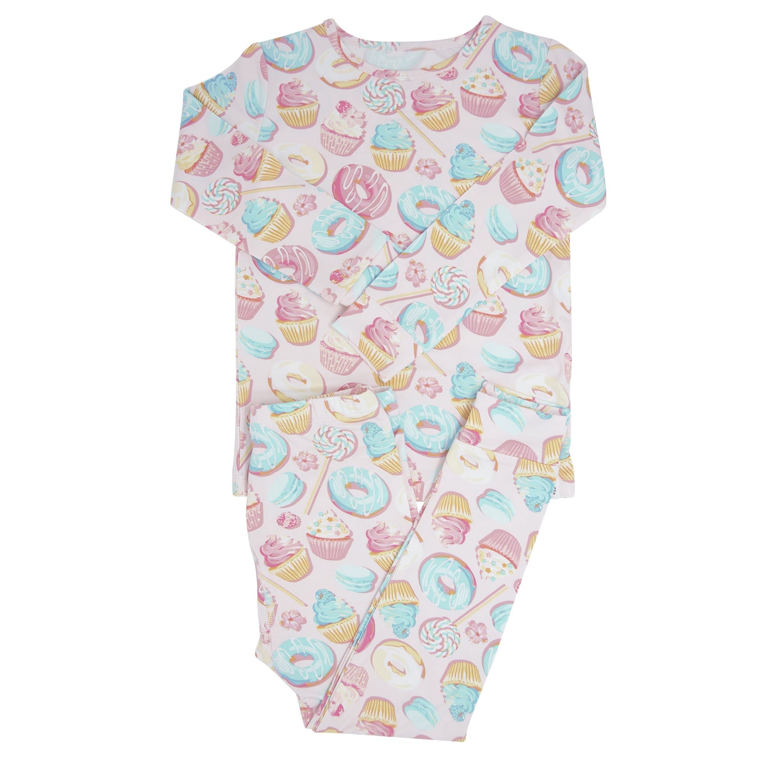 Long-sleeve kids pajama top with pastel ice cream and cupcake pattern