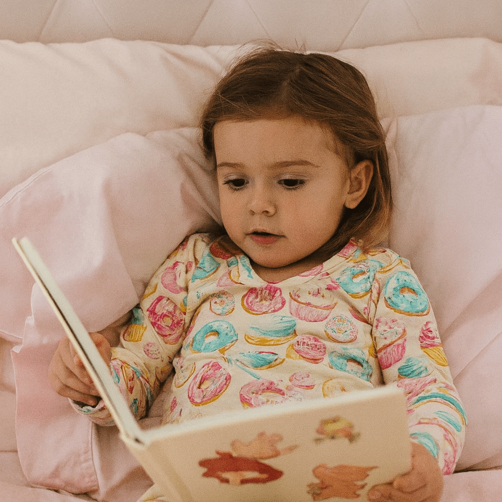 Kids pajama set with long sleeves and pants; pastel dessert print