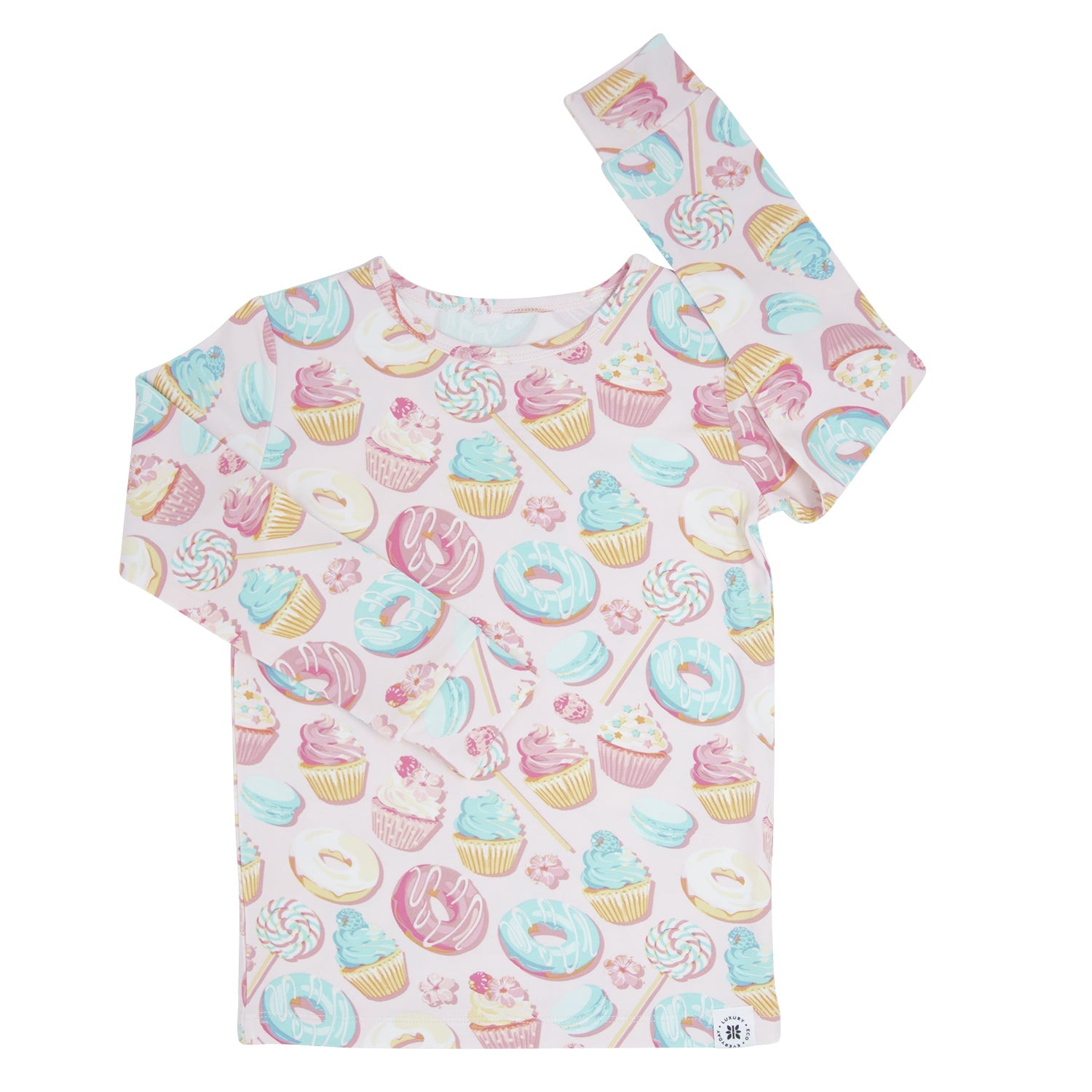 Kids pajama top with pastel cupcake, donut, and ice cream graphics