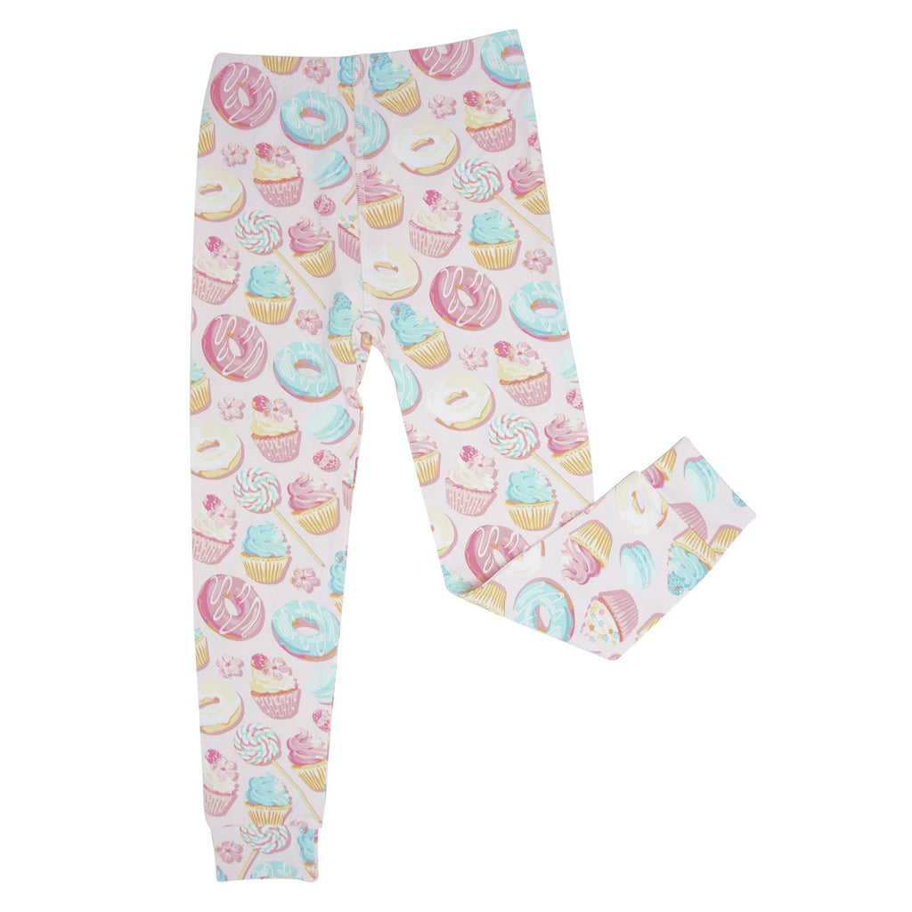 Kids pajama pants with pastel dessert pattern, cuffed ankles