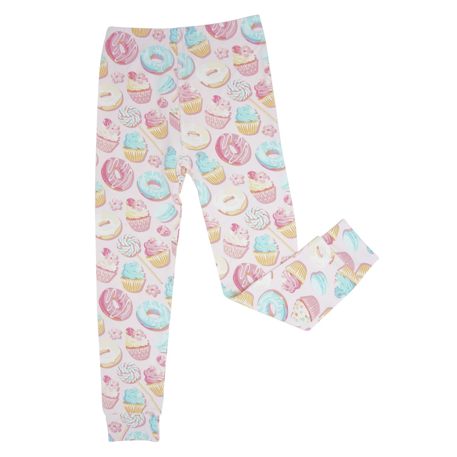Kids pajama pants with pastel dessert pattern, cuffed ankles
