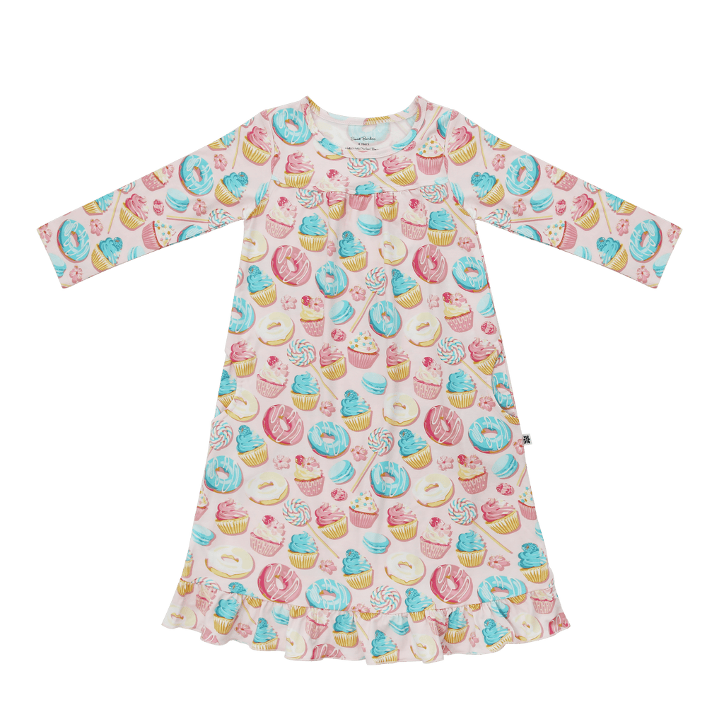 Girls dessert-print long-sleeve dress with gathered skirt and round neckline