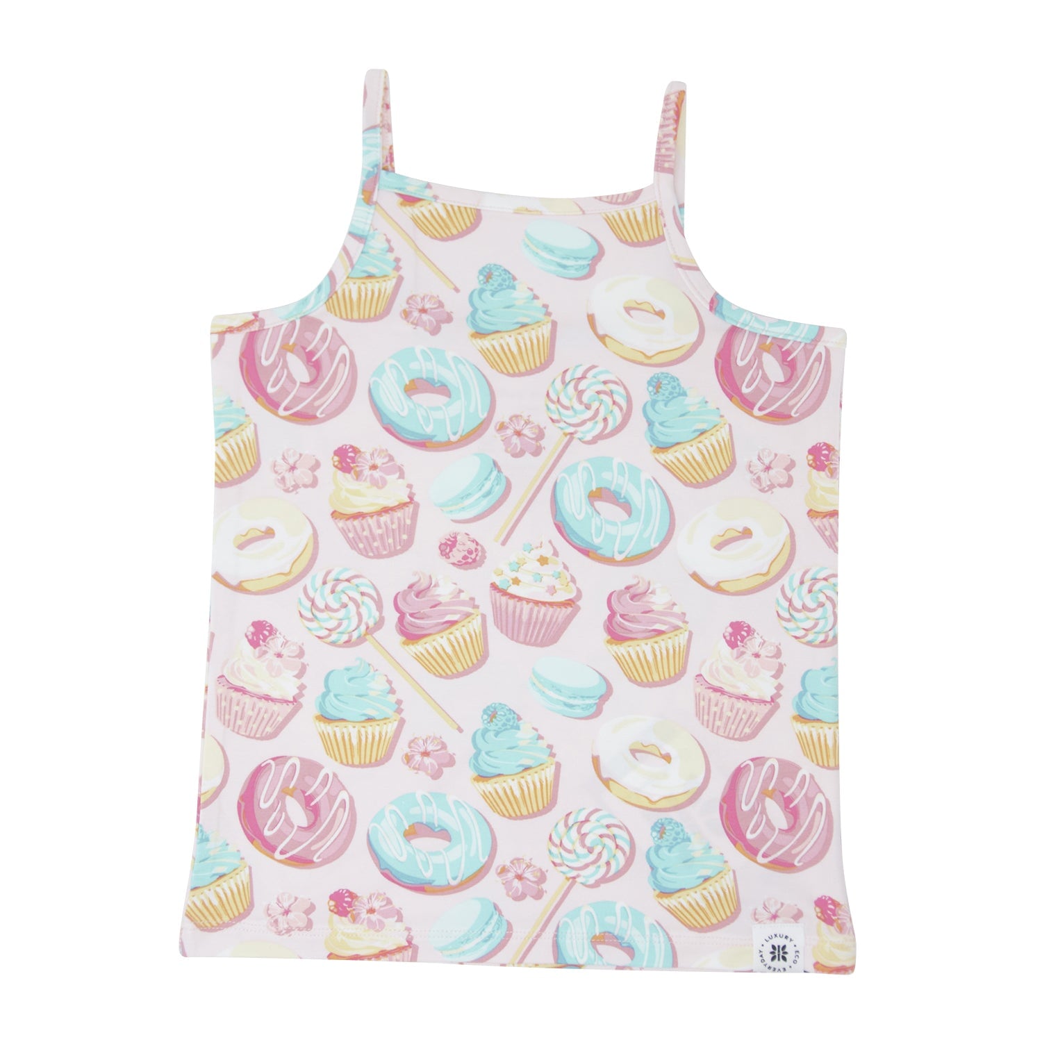 Girl’s camisole with pastel cupcake and donut print, thin straps
