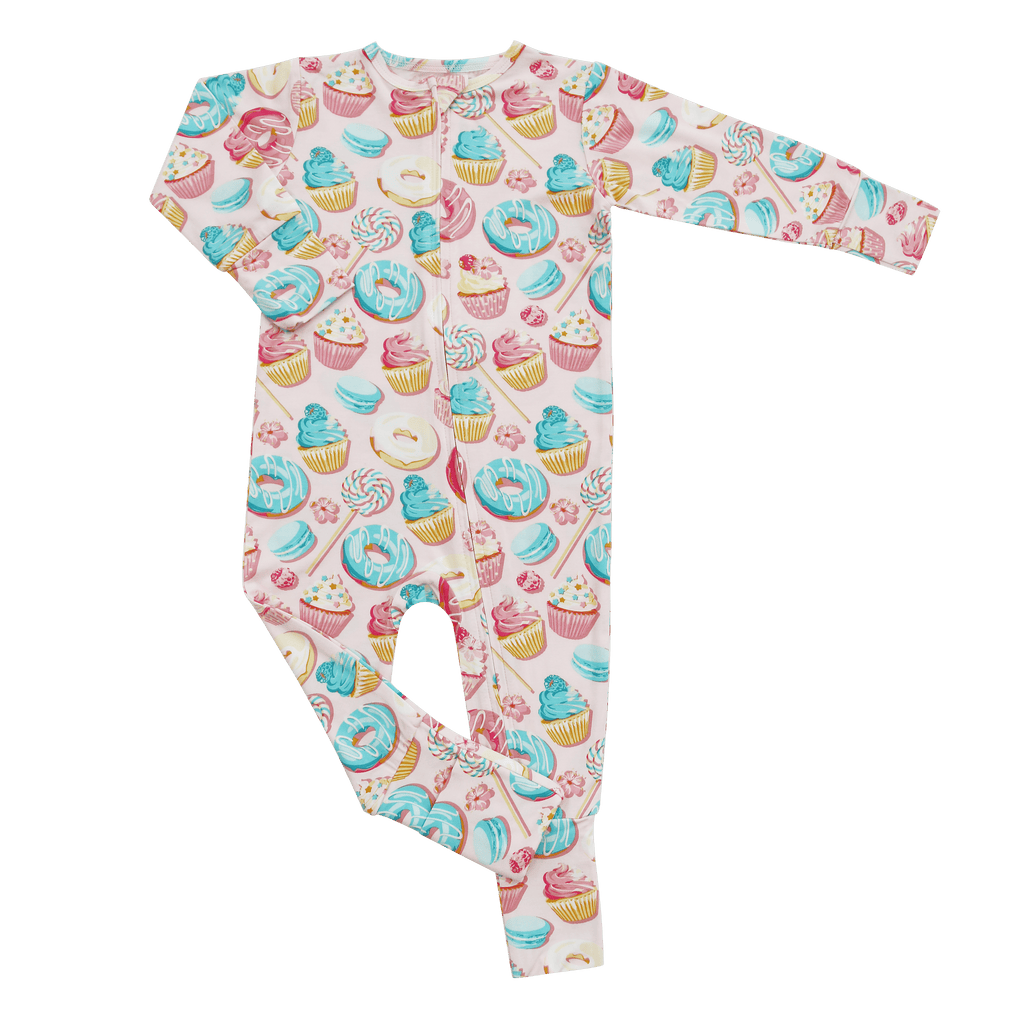 Kids convertible romper, long sleeves, light pink dessert pattern