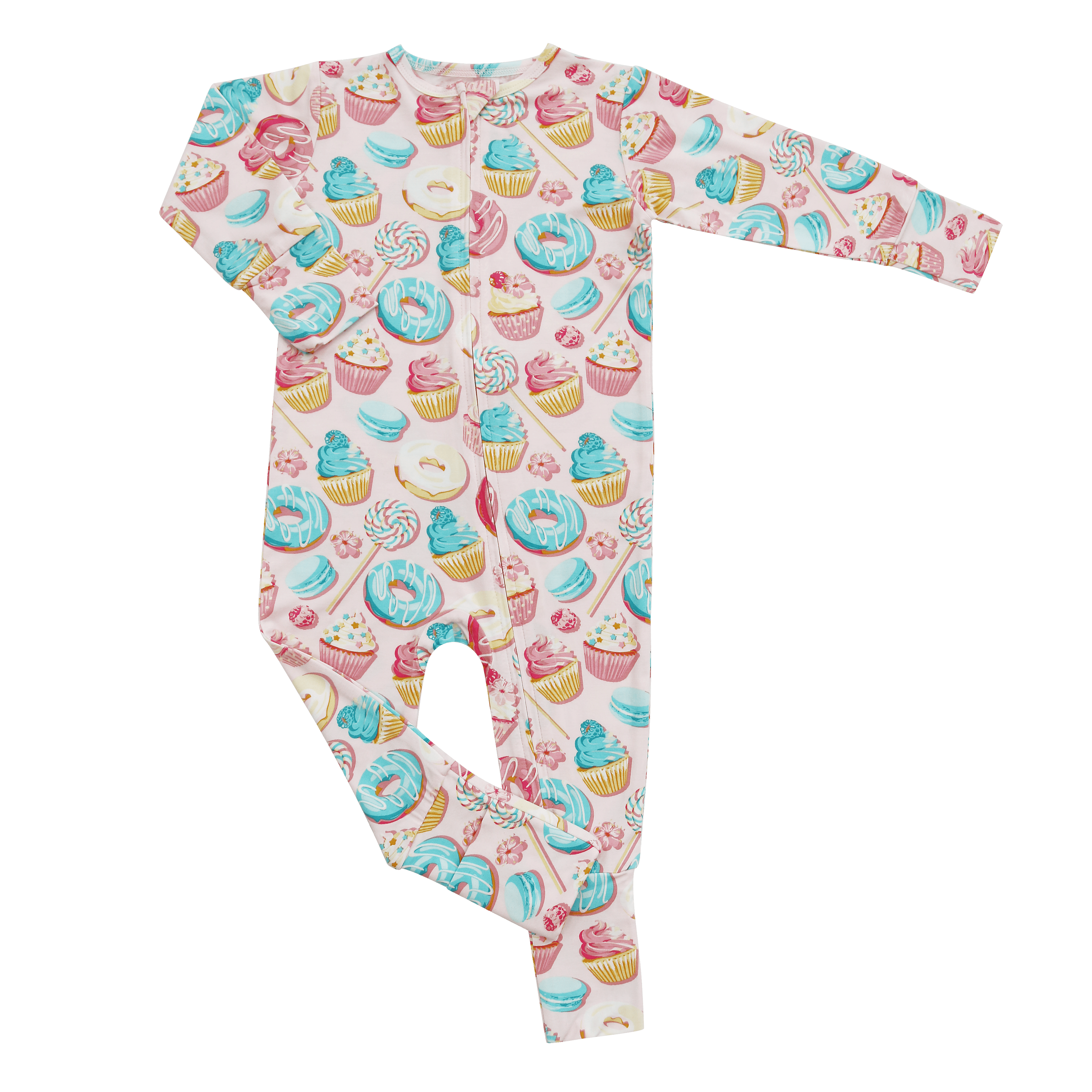 Kids convertible romper, long sleeves, light pink dessert pattern