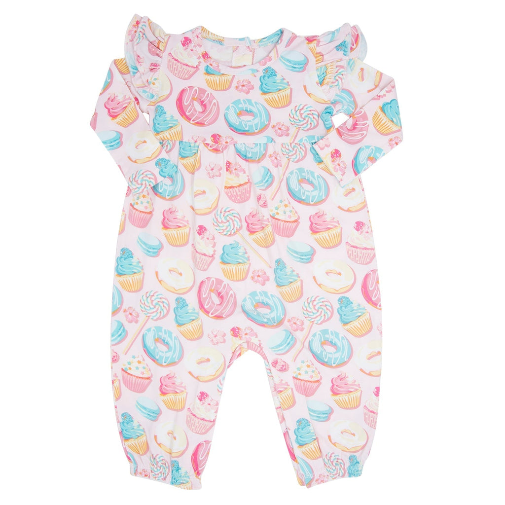 Girl flutter-sleeve romper in white with colorful cupcake and donut print