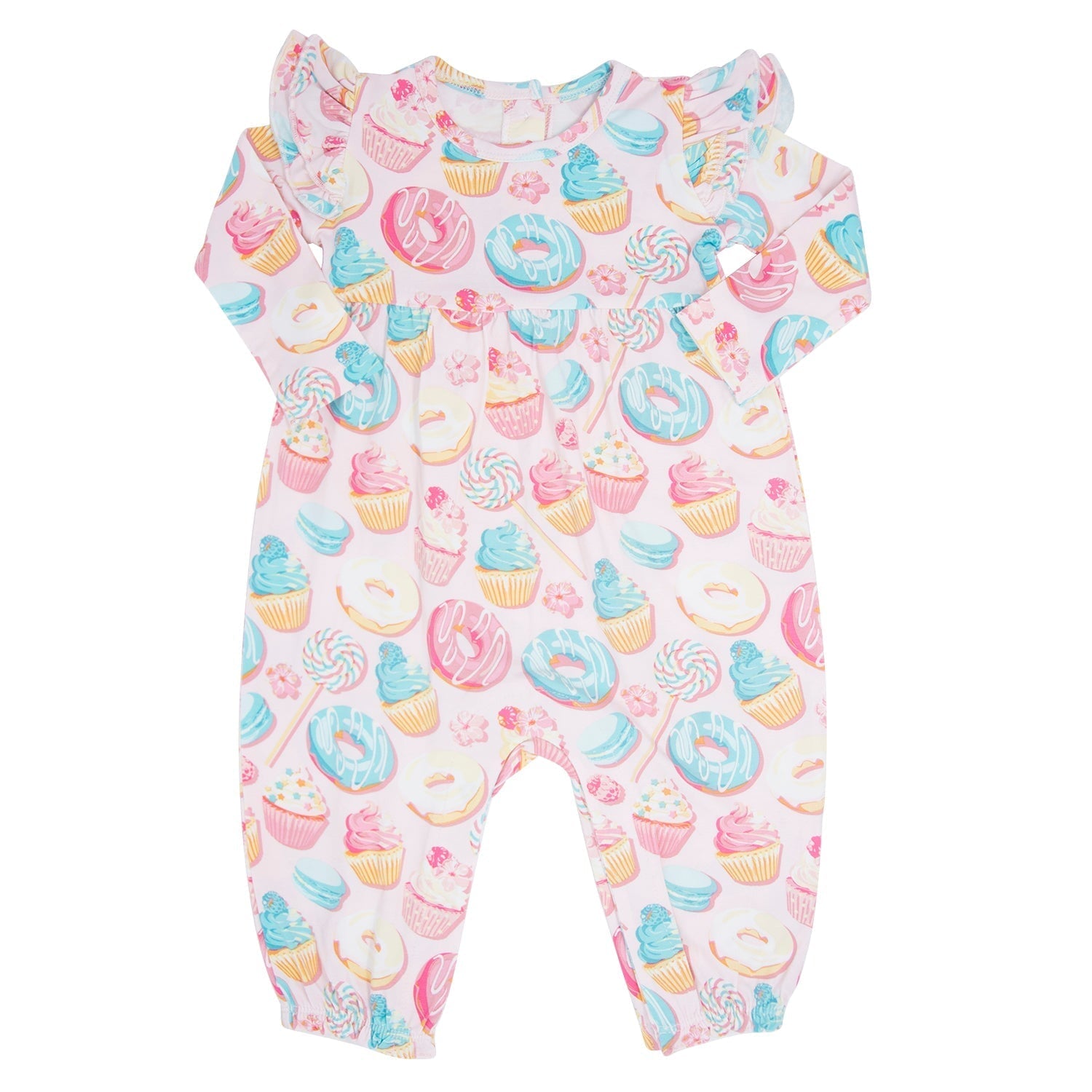 Girl flutter-sleeve romper in white with colorful cupcake and donut print