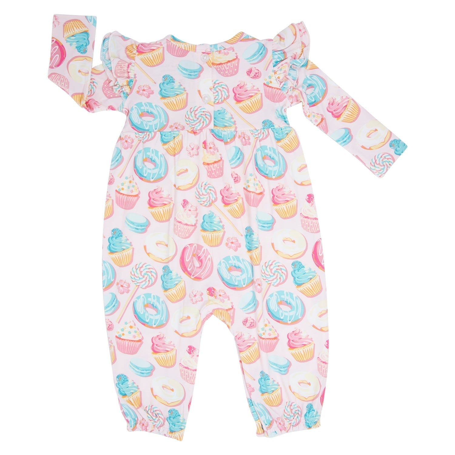 Girl flutter-sleeve romper in white with colorful cupcake and donut pattern