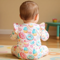 Girl romper in white with colorful cupcake and donut print, flutter sleeves