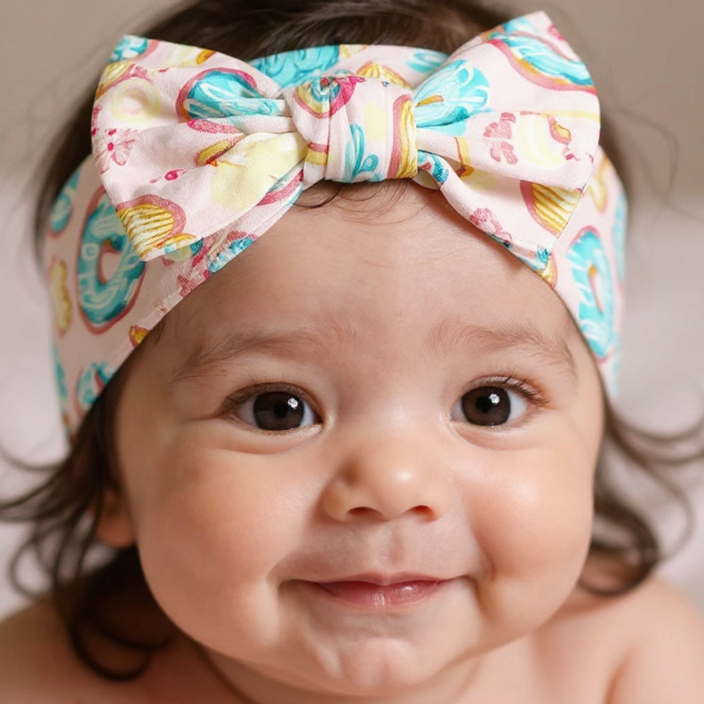 Candy-print knotted bow headband in pastel colors, worn by a girl