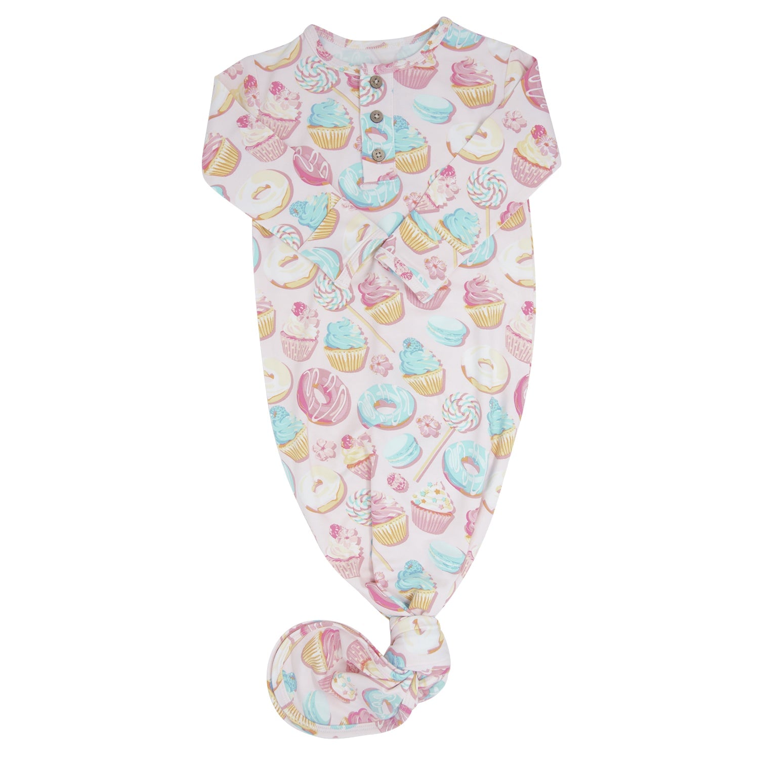 Girls knotted-hem gown with pastel cupcake pattern, short sleeves