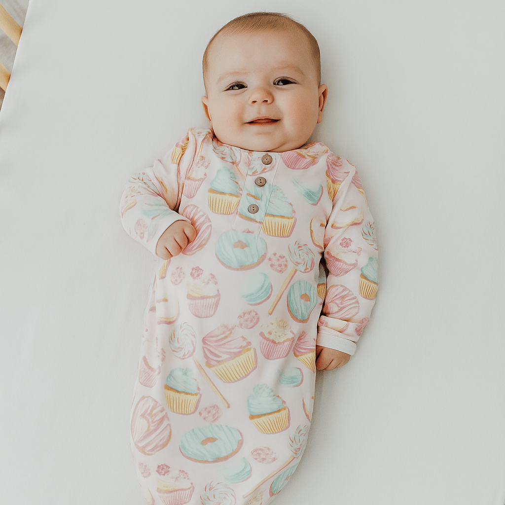 Girls long-sleeve button-front gown with pastel cupcake pattern
