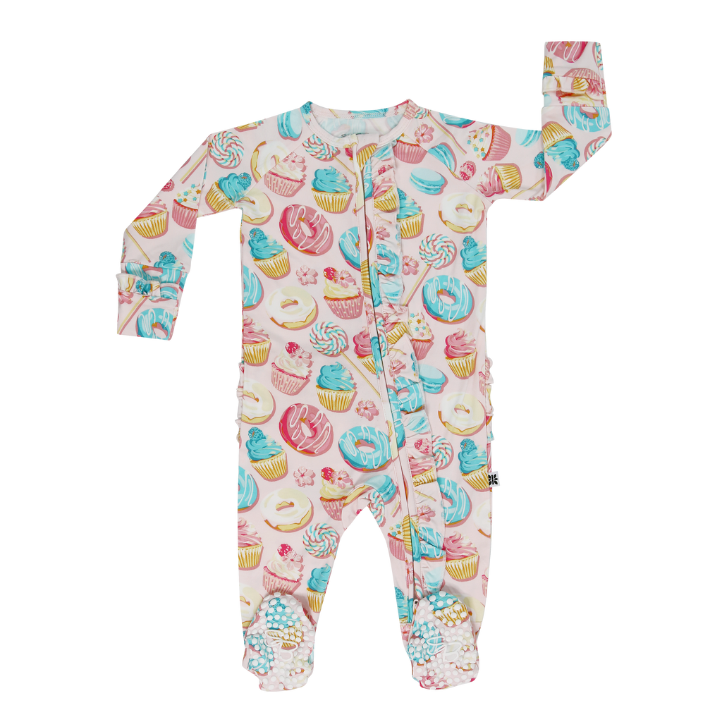 Sweet treats print footie with long sleeves and covered feet, front opening