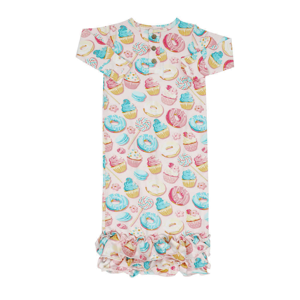 Girls' ruffle gown with pastel dessert print, button placket, short sleeves
