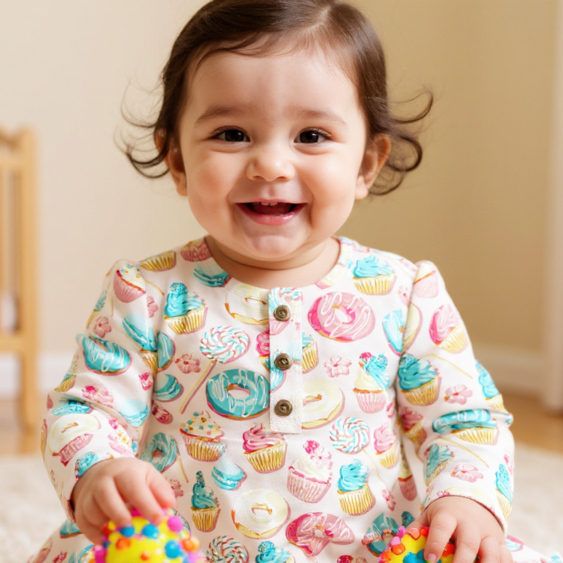 Girls' ruffle gown with colorful cupcake and donut print, button front, long sleeves