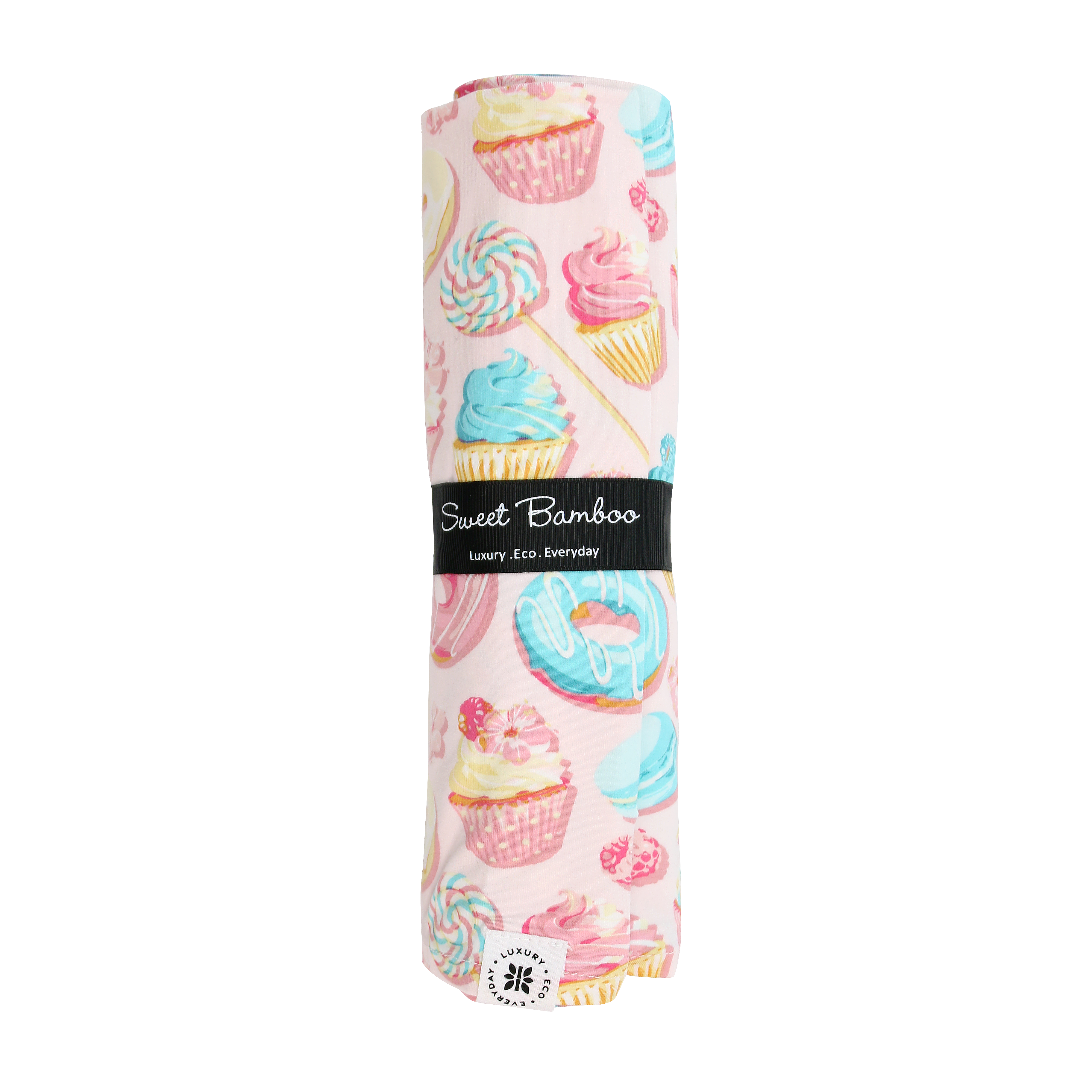 Sweet Tooth swaddle blanket with pastel cupcakes and ice cream prints