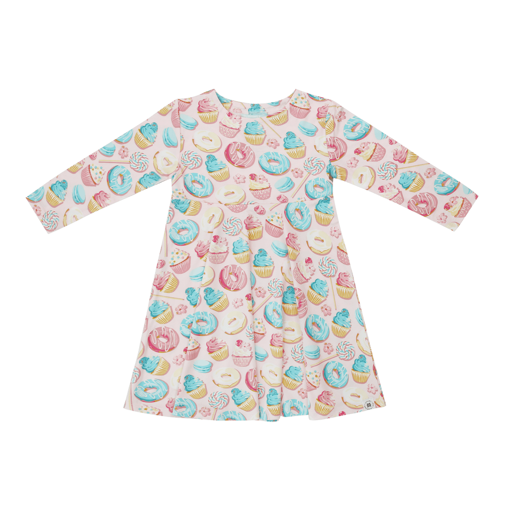 Girls’ long-sleeve dress in pastel cupcake and ice cream swirl print, flared hem