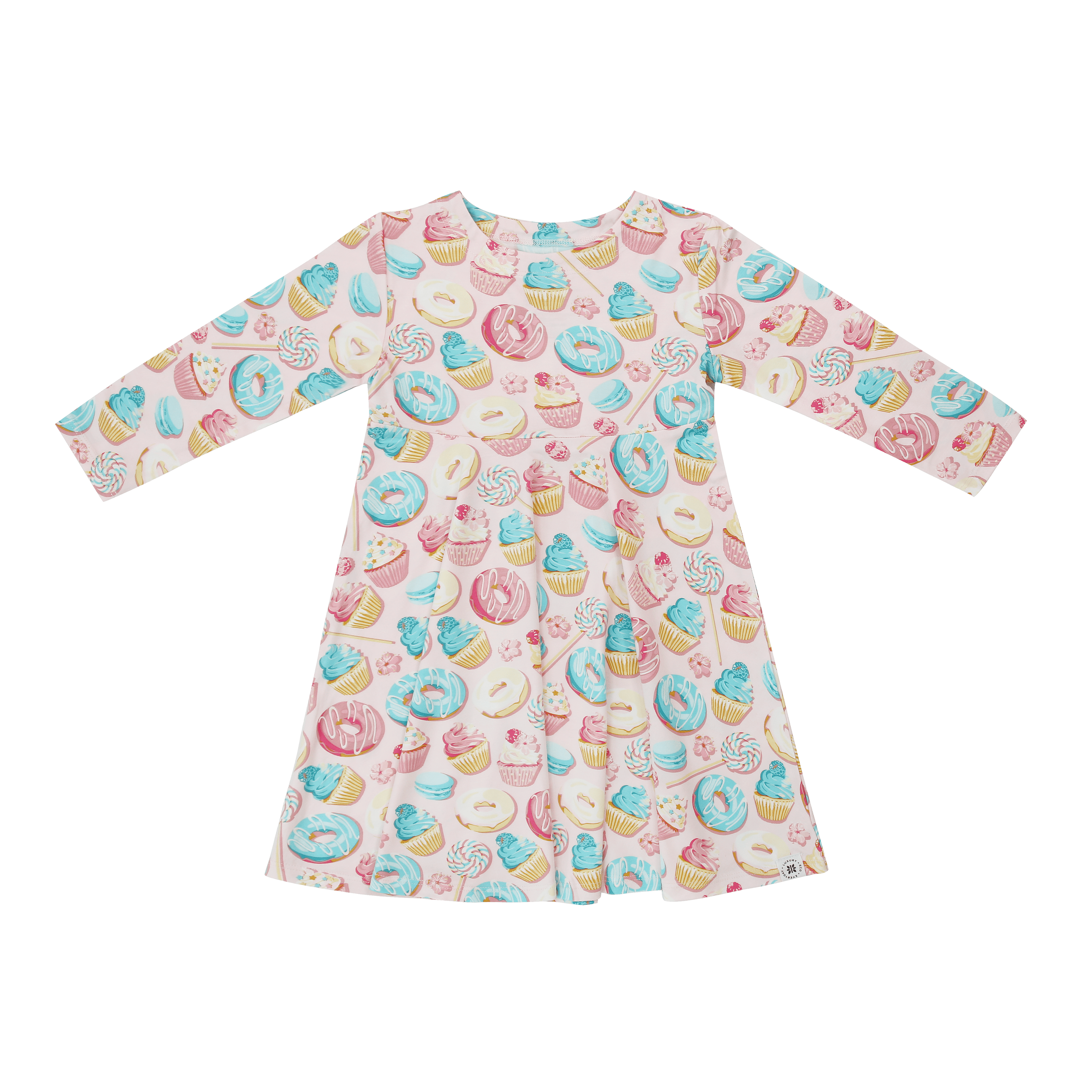 Girls’ long-sleeve dress in pastel cupcake and ice cream swirl print, flared hem
