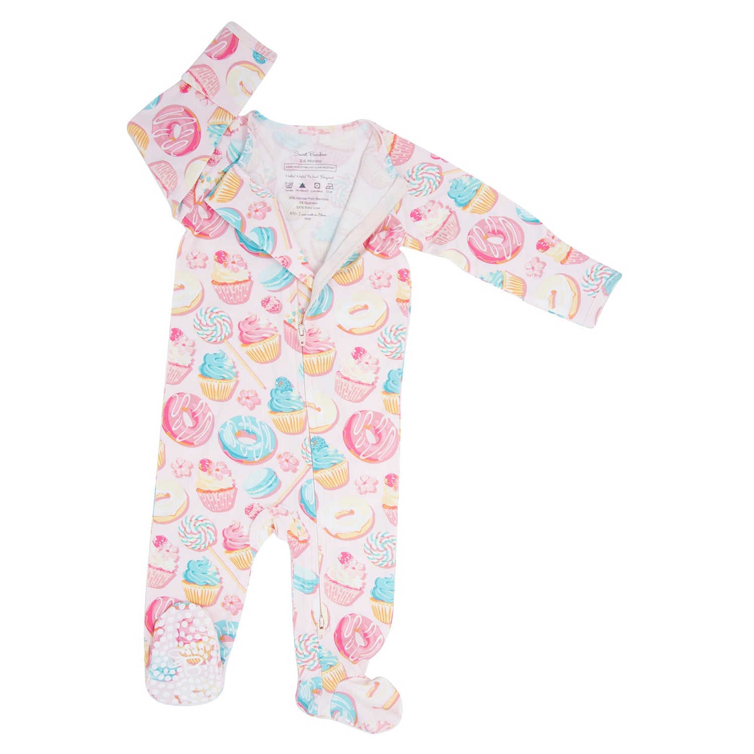Zip-front baby footie pajama in pastel cupcake print, long sleeves and covered feet