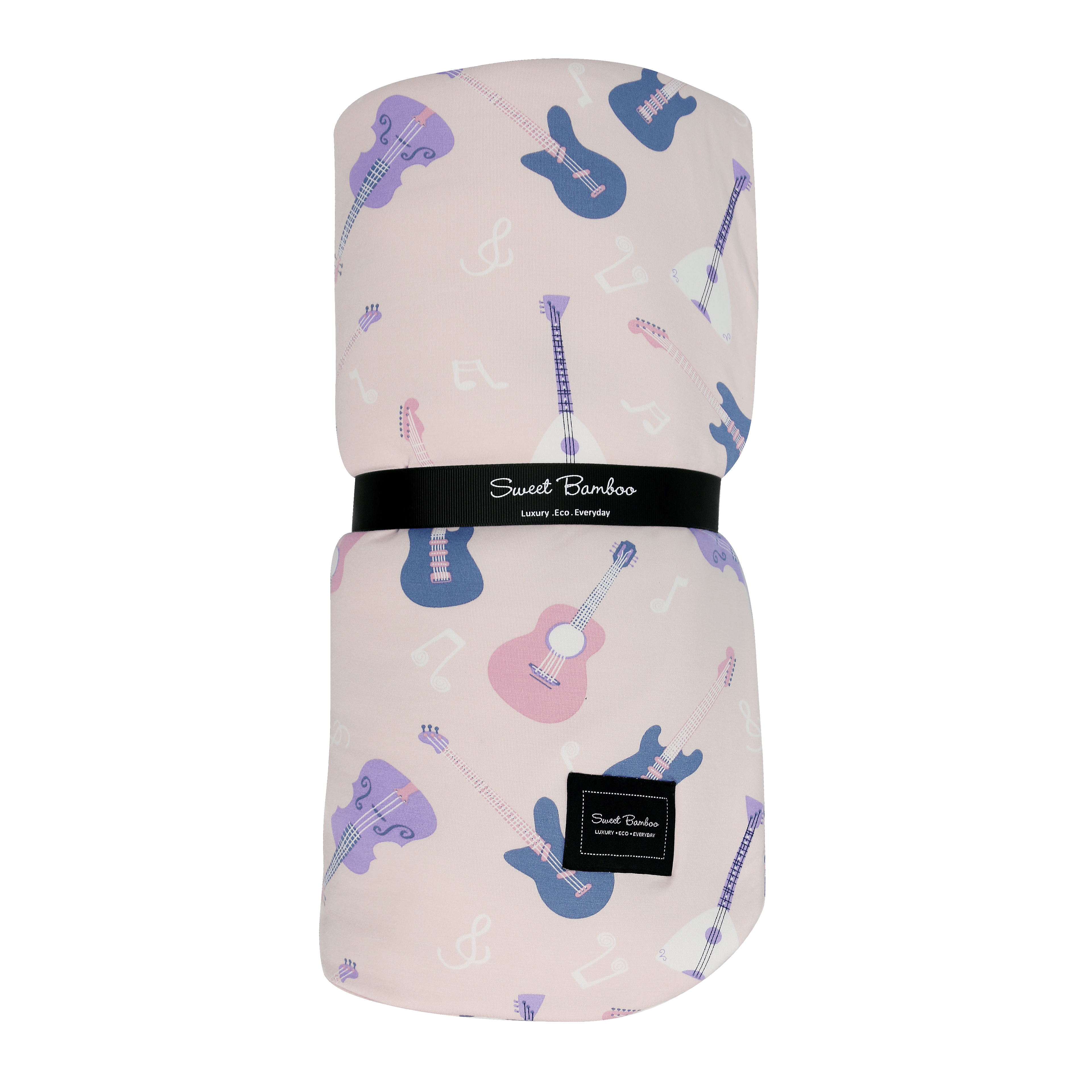 Big kid cloud blanket with pastel guitar pattern, pink and blue, Swifties Riff